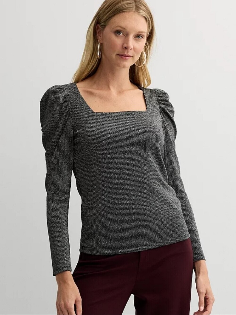 Nine West Long Sleeve Square Neck Top Women's Size Xsmall Metallic Silver Black